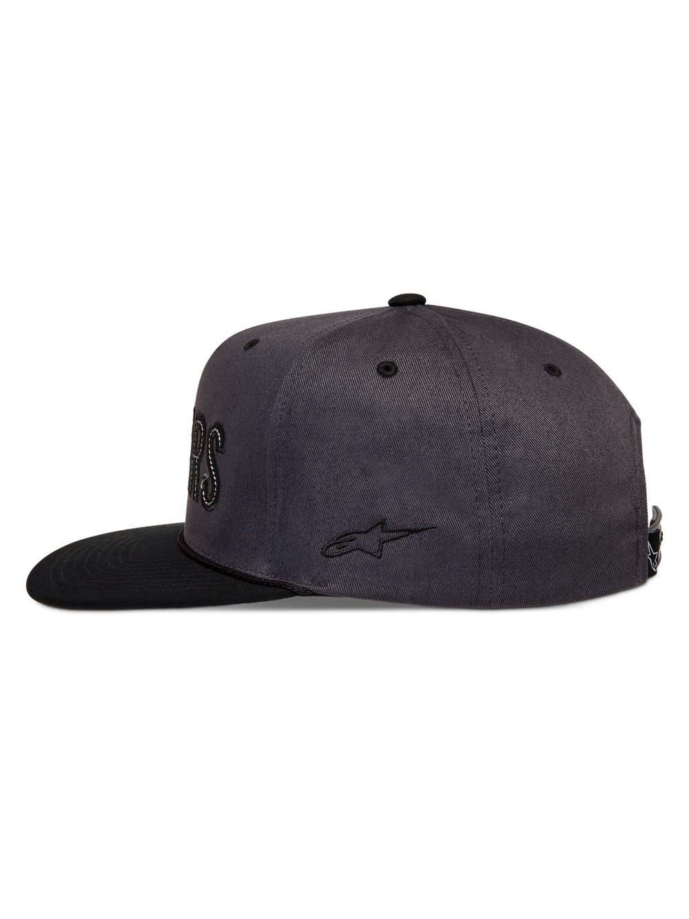Alpinestars Stadium Snapback Hat, Dark Gray and Black sportswear cap with a flat bill, structured crown, and side embroidery.