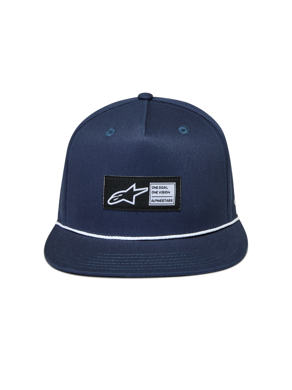 Alpinestars Label Snapback Hat, navy blue twill cap with flat bill and white rope detail, featuring a woven logo patch.