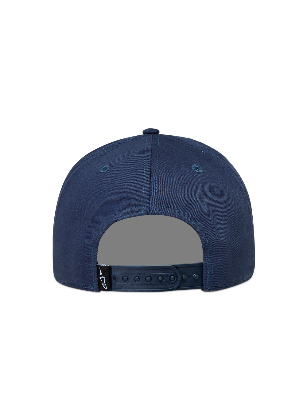 Alpinestars Label Snapback Hat, Navy Blue Sportswear Cap, Unisex Cotton Twill, Rear View with Adjustable Snapback Closure.