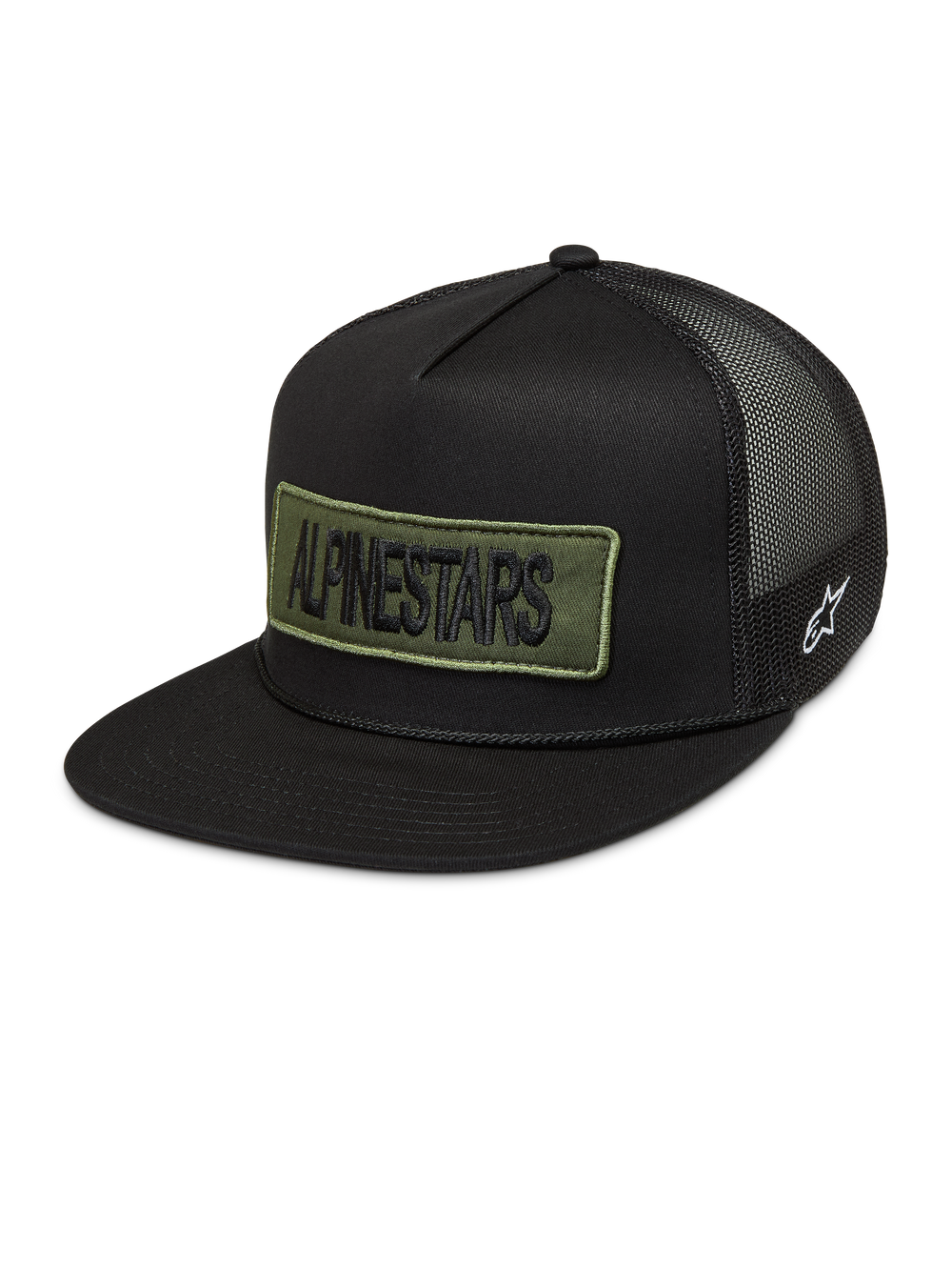 Alpinestars Ten Trucker Hat in black with an olive green embroidered logo patch and breathable mesh back.