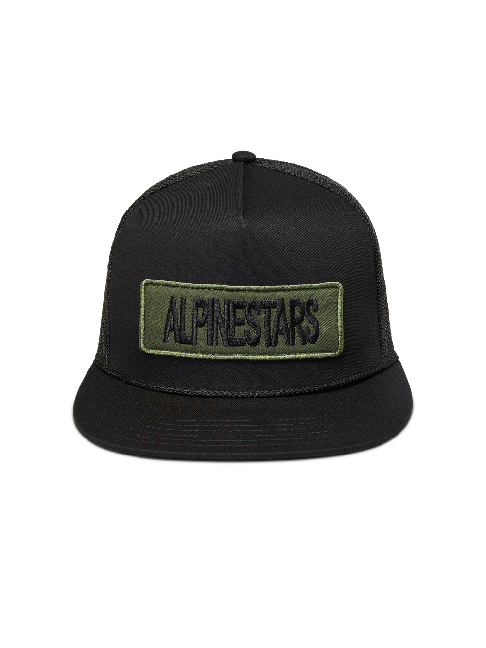 Alpinestars Ten Trucker Hat, Black flat-bill mesh cap with an olive green embroidered logo patch for casual sportswear.