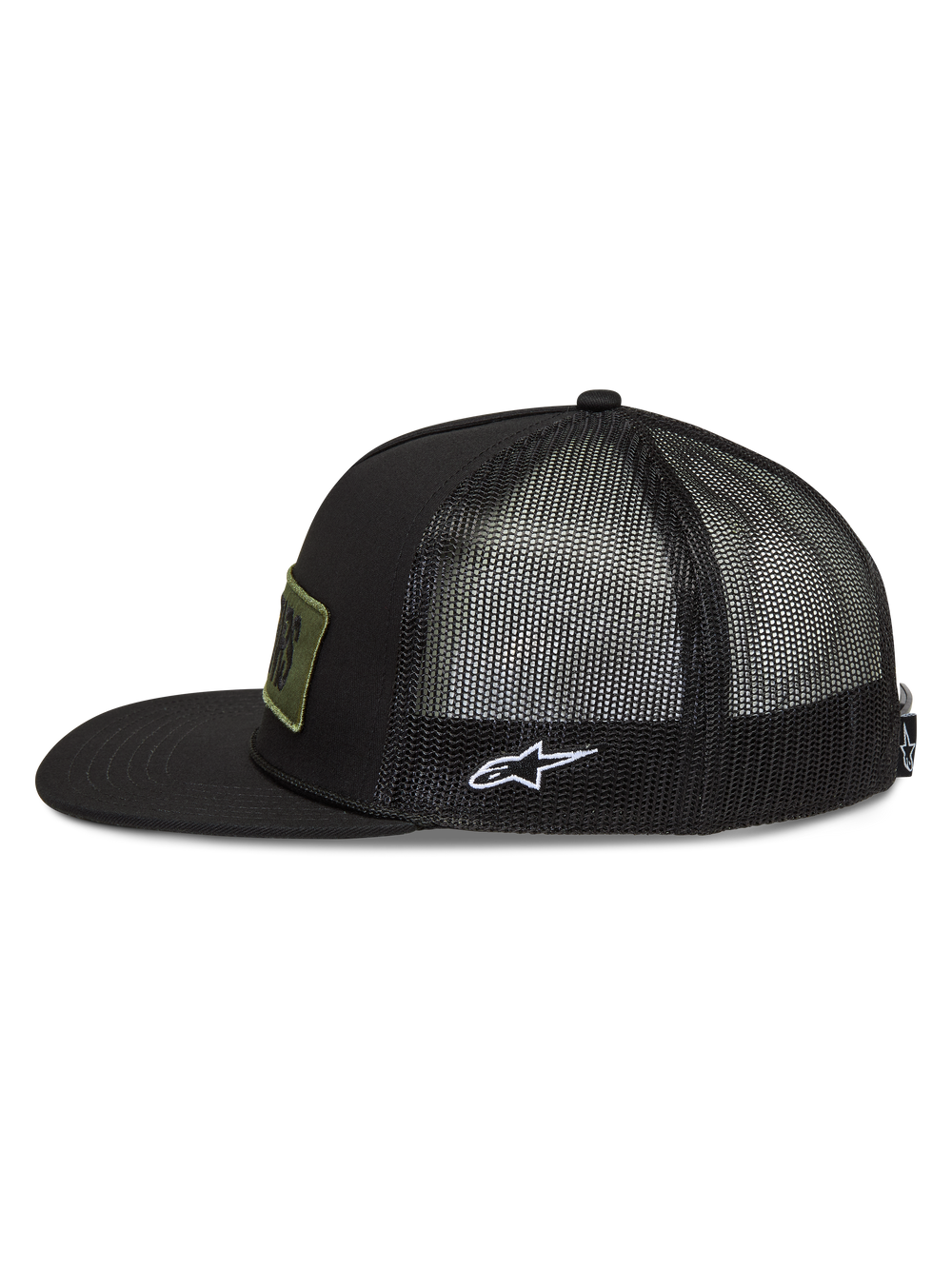 Alpinestars Ten Trucker Hat, black sportswear cap featuring a flat bill, mesh back, and white embroidered Astars side logo.