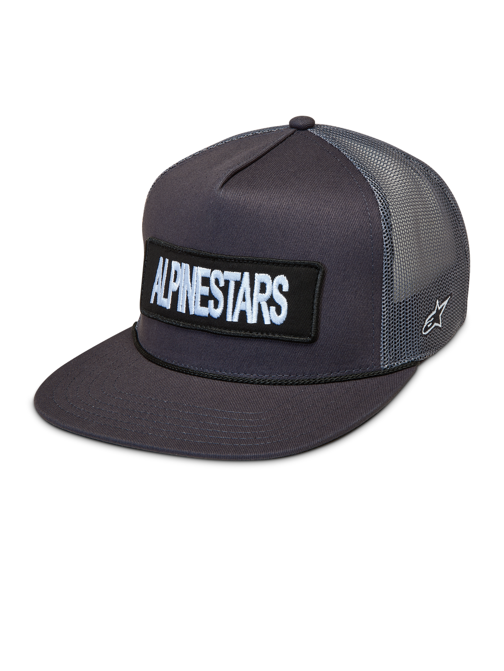 Alpinestars Ten Trucker Hat in dark grey, featuring a flat bill, front embroidered logo patch, and breathable mesh back panels.