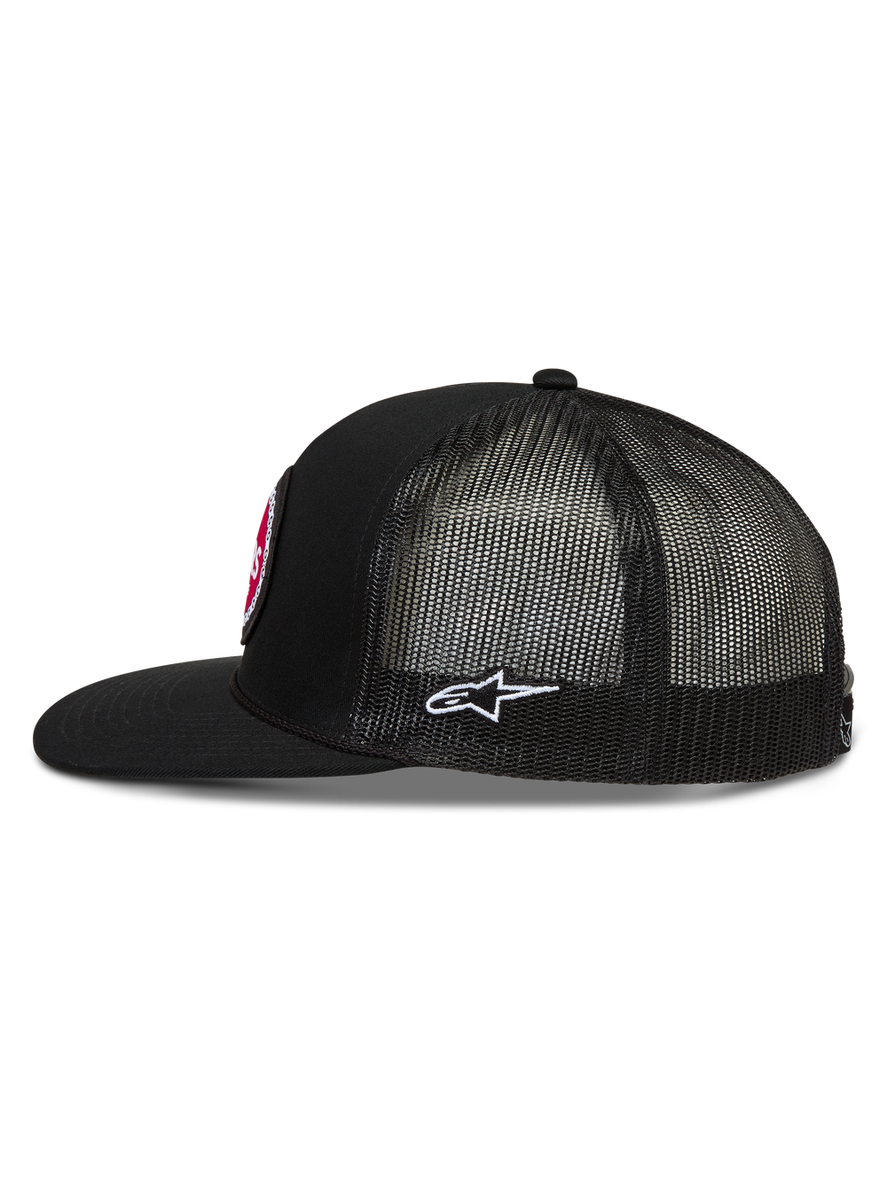 Alpinestars Hotlink Trucker Hat, black mesh sportswear cap with a flat bill, structured twill crown and side logo.