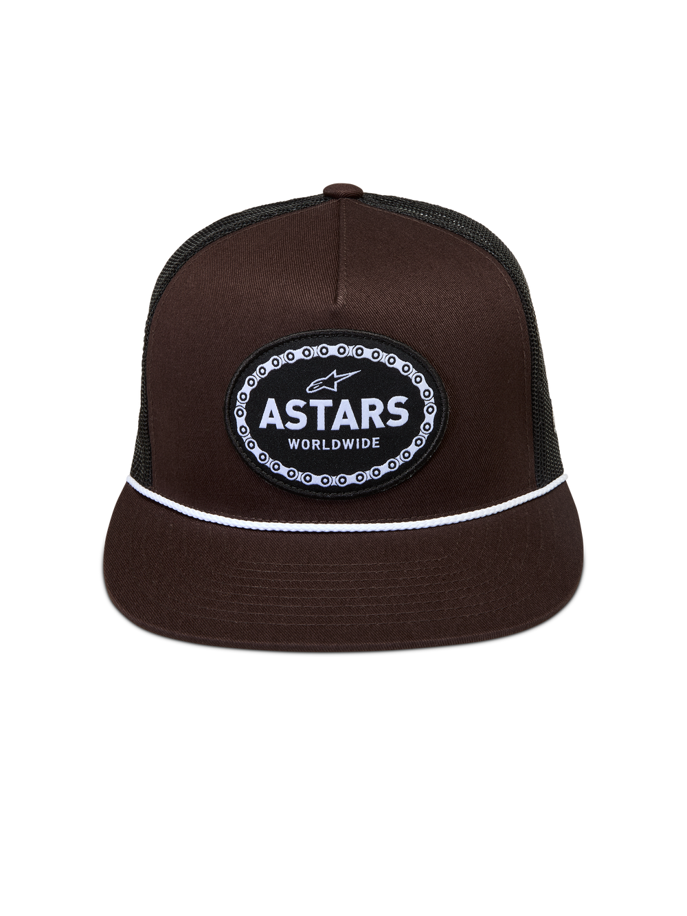 Alpinestars Hotlink Trucker Hat, brown and black lifestyle cap with a flat bill and woven Astars patch with chain border.