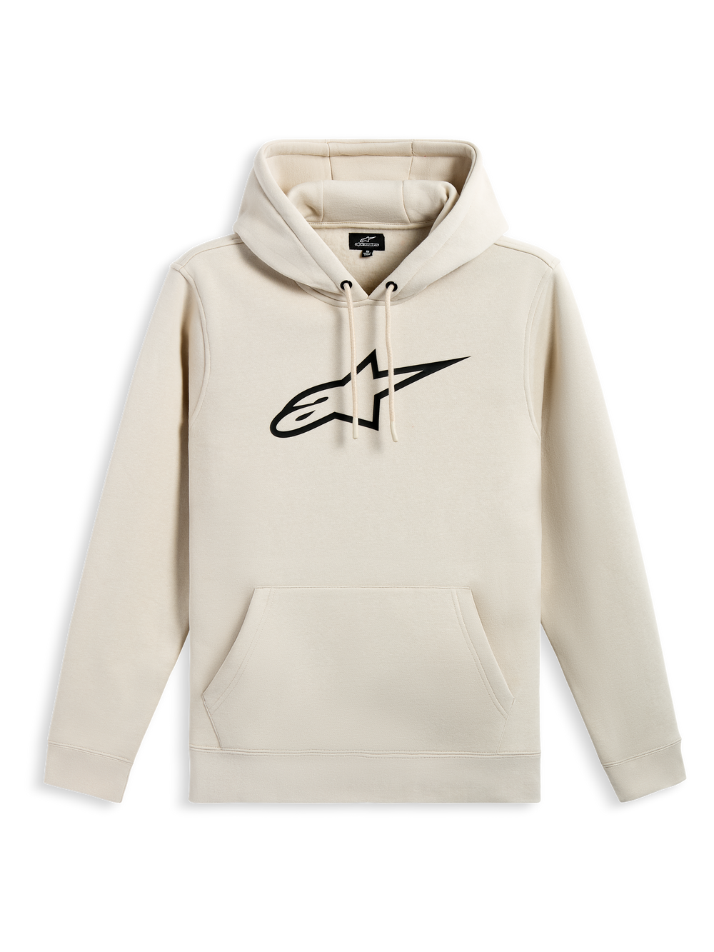 Alpinestars Ageless V3 Hoodie, casual pullover fleece, off-white with black embroidered star logo, drawstring hood, kangaroo pocket, rib cuffs and hem, motorsport-inspired streetwear