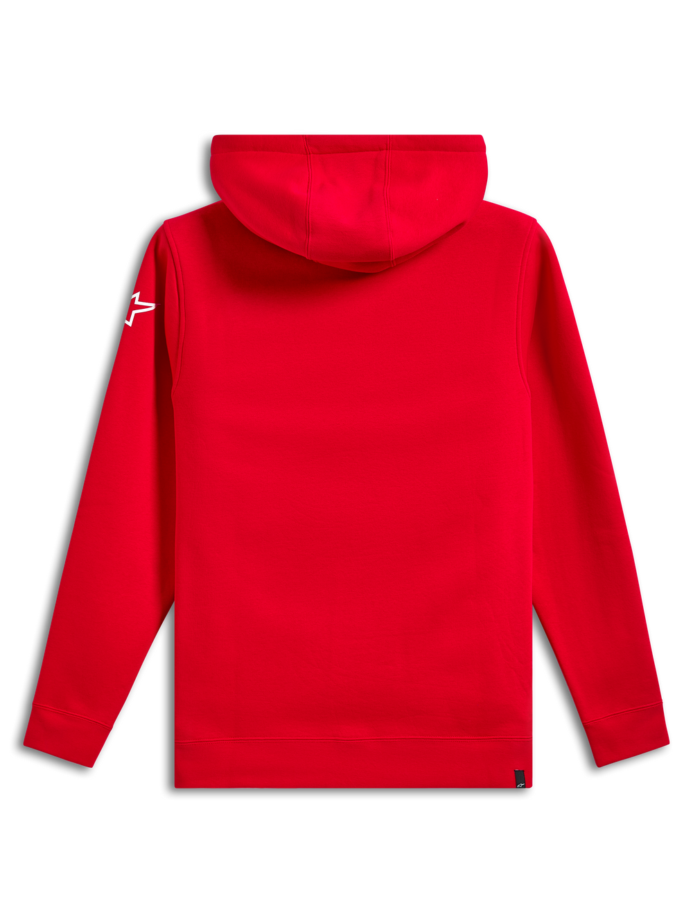 Alpinestars Linear Wordmark V3 Hoodie, back view, solid red, white Ageless star logo on the sleeve, hooded fleece pullover with ribbed cuffs and hem, casual motorsport streetwear