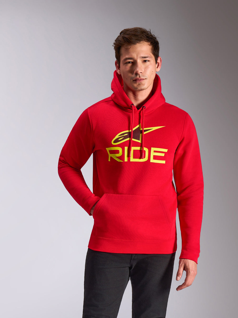 Alpinestars Ride V3 Hoodie, Red with Hi-Vis Yellow logo, pullover fleece hoodie featuring 'RIDE' and A-star graphic, kangaroo pocket, casual motorsport streetwear