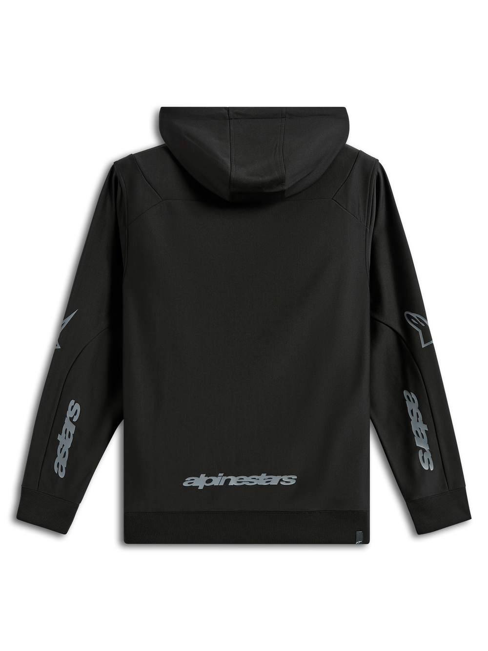 Alpinestars Sessions V3 Hoodie, casual sportswear, Black with gray branding, back view featuring Alpinestars wordmark on the lower back and Astars graphics on the sleeves, hooded poly fleece with ribbed cuffs, modern motorsport-inspired design