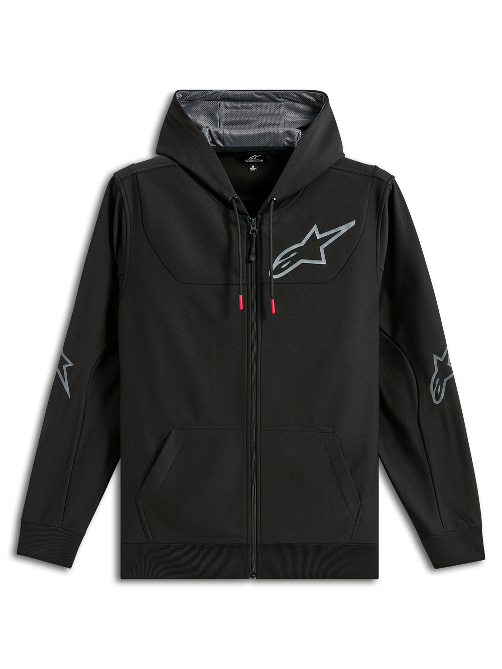 Alpinestars Sessions V3 Hoodie, full-zip black poly fleece hoodie, grey Alpinestars star logo on chest and elbows, red-tipped drawcords, mesh-lined hood, casual motorsport streetwear