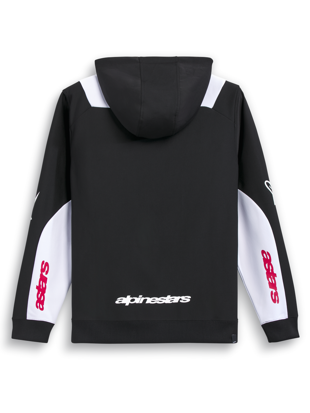 Alpinestars Sessions V3 Hoodie, Black, White and Red sportswear zip hoodie, rear view showing back wordmark print and white sleeve panels