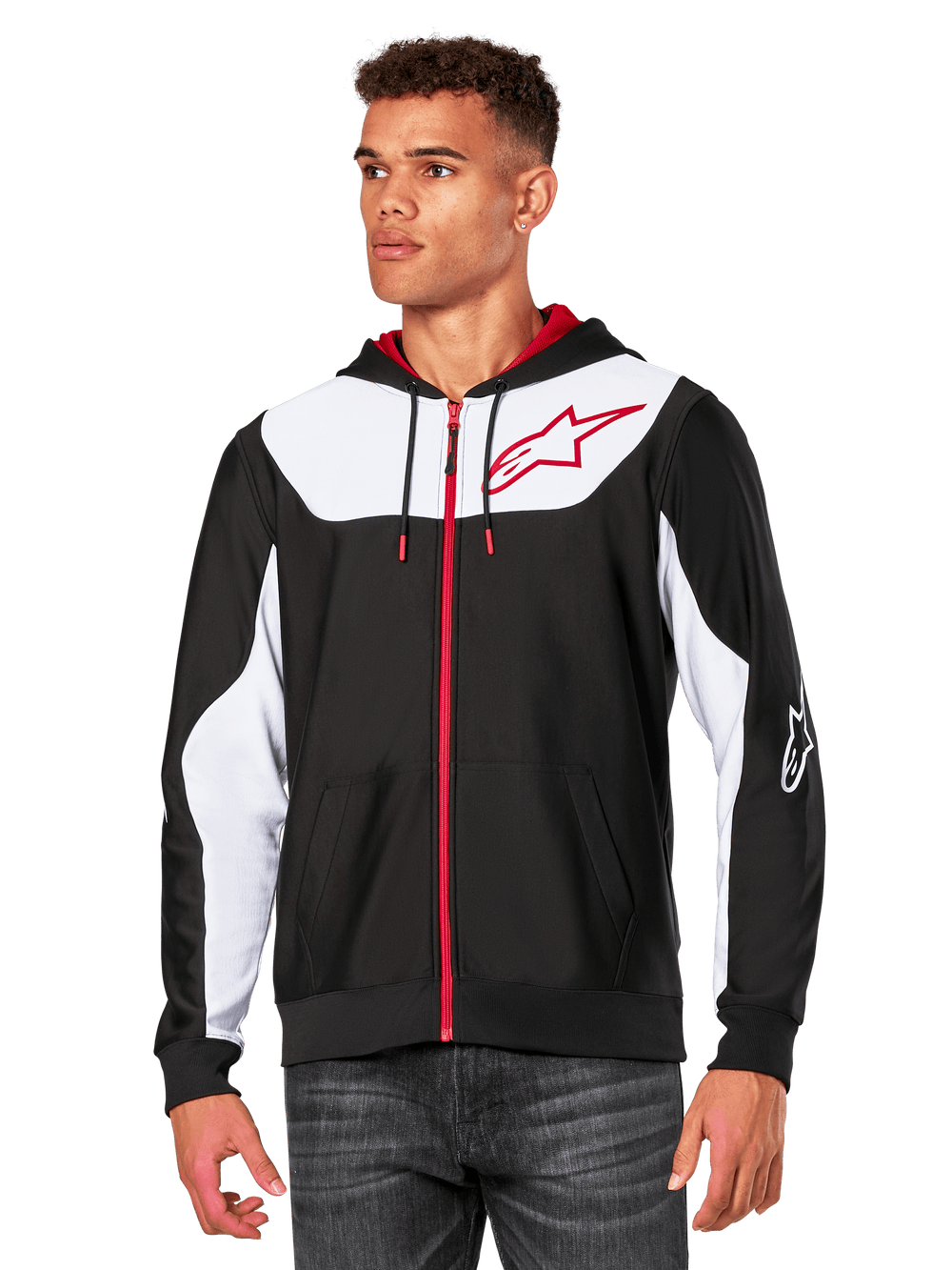 Alpinestars Sessions V3 Hoodie, Zip-Front Hoodie, Black with White panels and Red accents, featuring a red zipper, mesh-lined hood, and Alpinestars star logo on the chest, casual motorsport-inspired streetwear