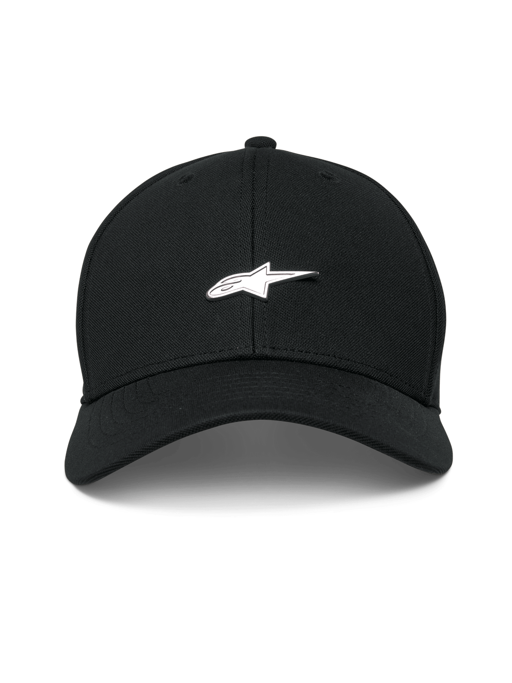 Alpinestars Metal Logo Hat, Black, structured baseball cap with curved bill, 3D molded metal logo badge, mini pique fabric, casual motorsport streetwear
