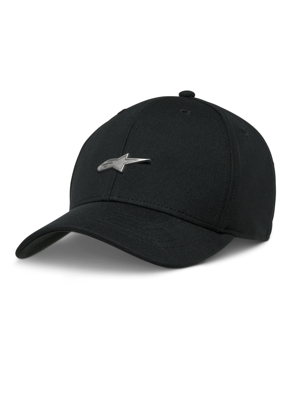 Alpinestars Metal Logo Hat, Black Baseball Cap, Silver 3D Metal Star Logo, Curved Bill, Structured Crown, Casual Motorsport Style