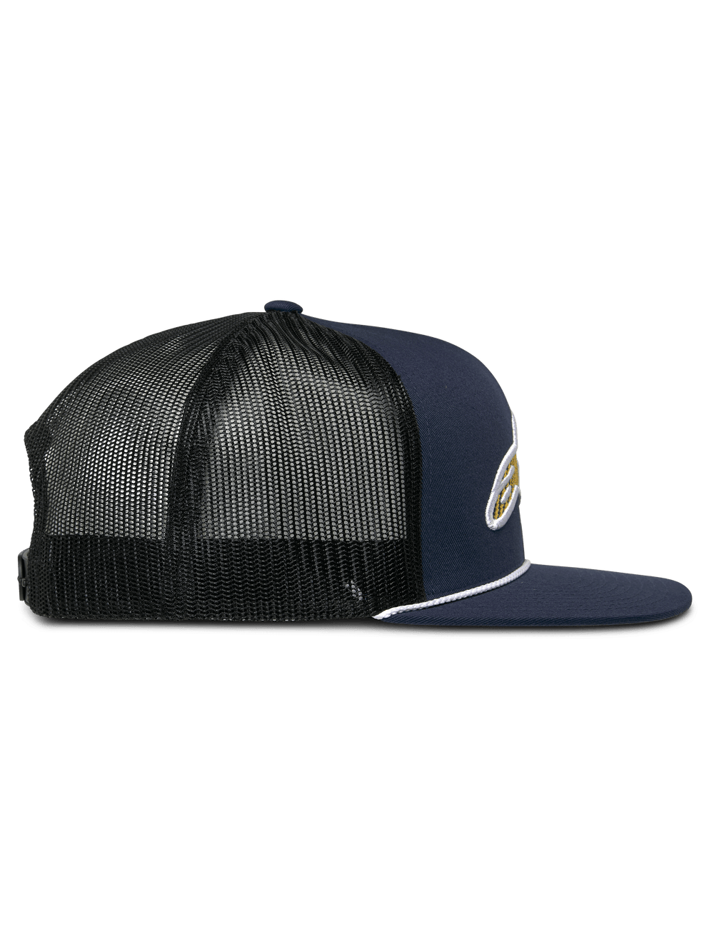 Alpinestars Orion Trucker Hat, side profile view, Navy Blue twill front with Black mesh back, flat bill featuring white rope trim, structured crown, casual motorsport headwear