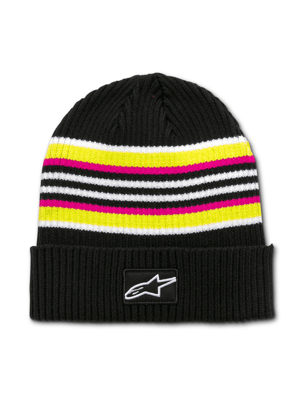 Alpinestars Bolted Cuff Beanie, Black Knitted Hat with White, Yellow, and Pink Stripes, Ribbed Texture, White Star Logo Patch on Cuff