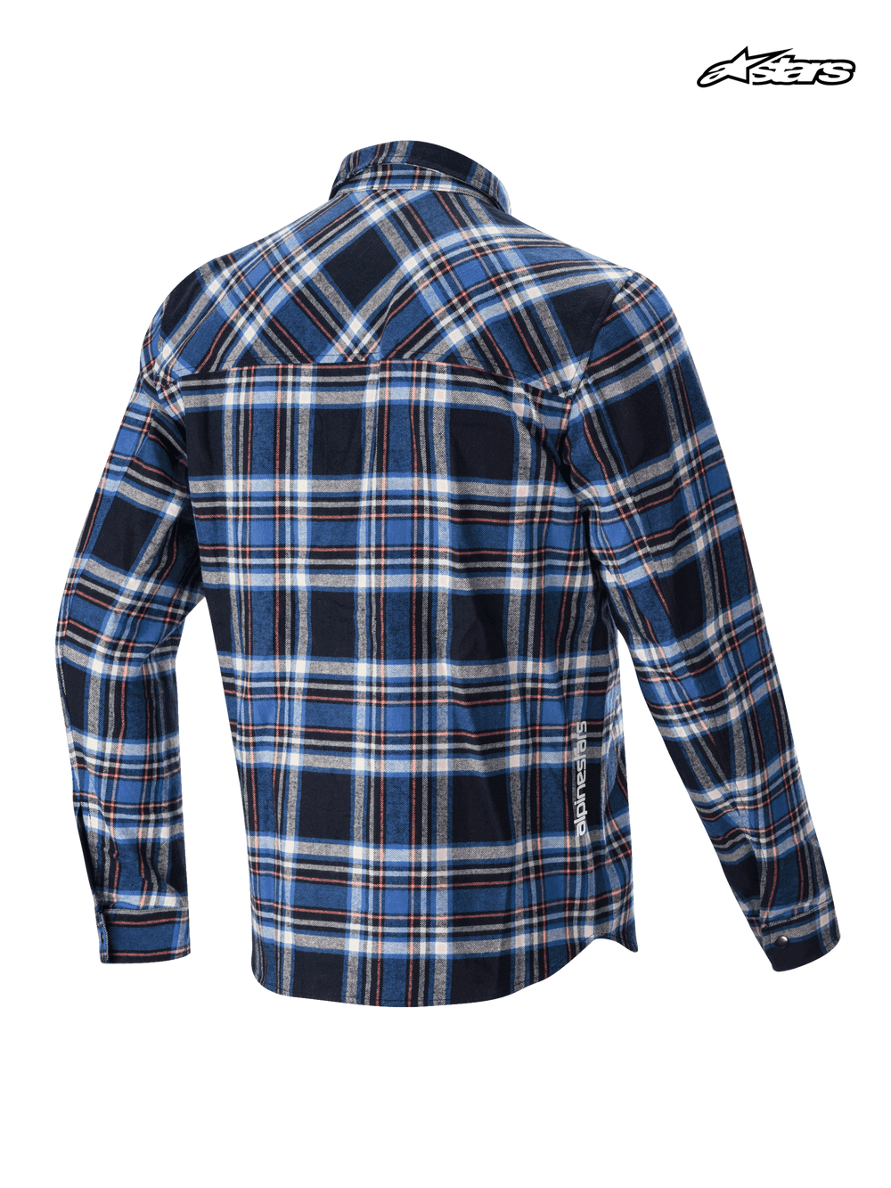 Alpinestars Whistler Wind Block Plaid Shirt, mountain biking casual shirt, blue and black plaid pattern, rear view showing wind-resistant construction and subtle Alpinestars branding on the lower hem