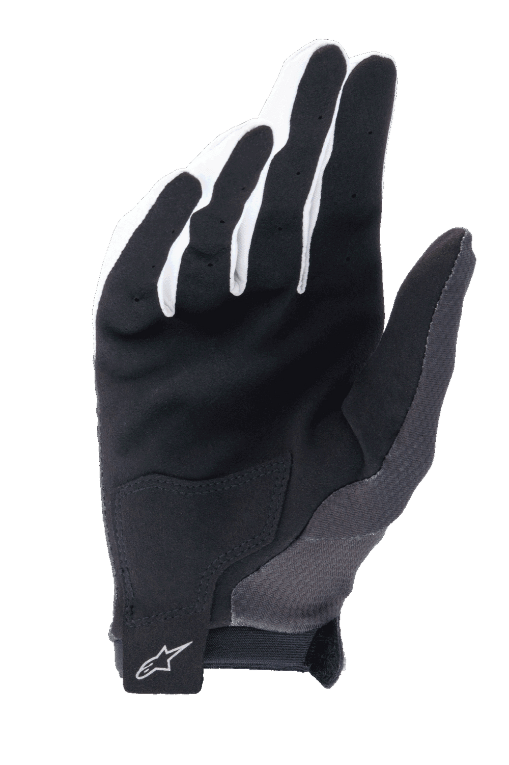 Alpinestars A-Aria Gloves, Black, palm view showing synthetic suede for grip, reinforced palm patch, and hook-and-loop wrist closure with Alpinestars logo, lightweight mountain bike gloves