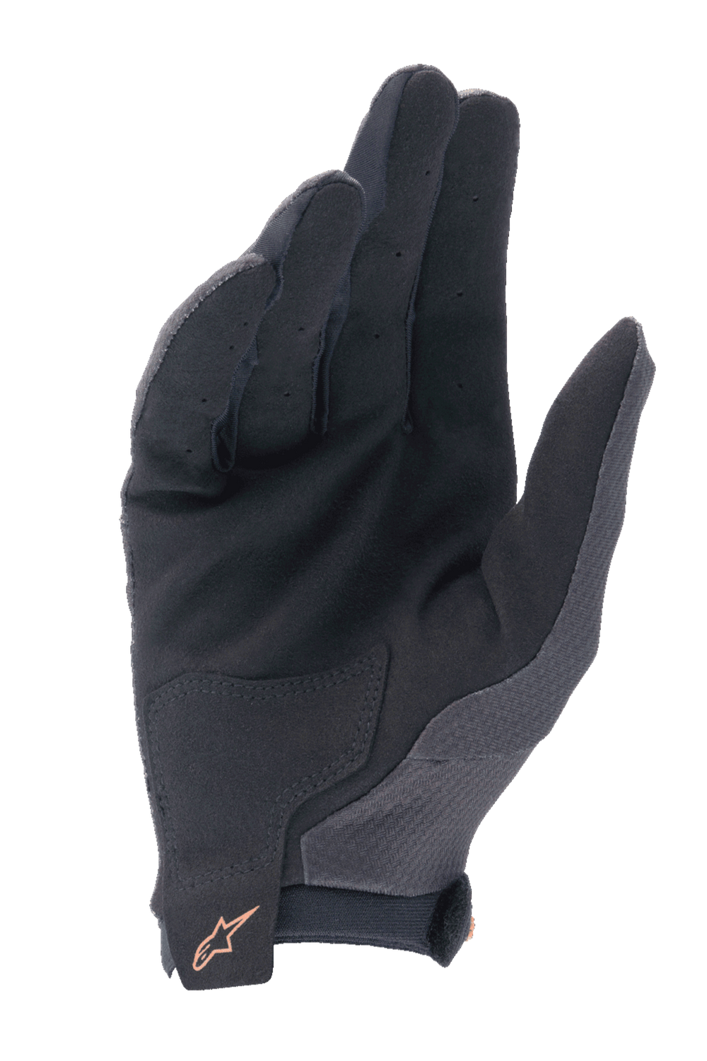 Alpinestars A-Aria Gloves, MTB Cycling Gloves, Black with Dark Gold logo, palm view showing synthetic suede material, perforated fingers for ventilation, and reinforced palm patch.