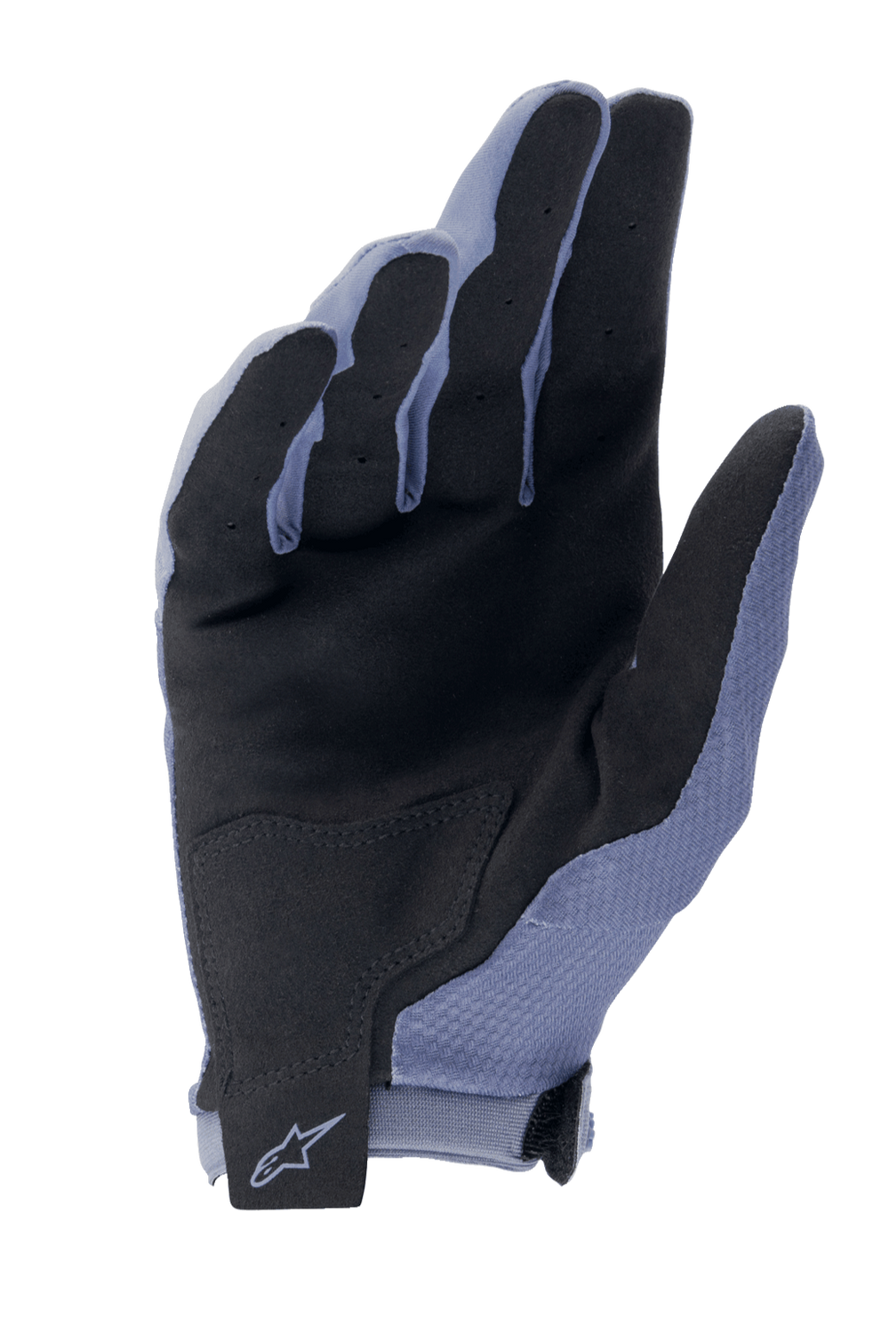 Alpinestars A-Aria Gloves, Cycling MTB Gloves, Infinity Blue and Black, palm view featuring synthetic suede for grip, reinforced palm patch, and hook-and-loop wrist strap with Alpinestars logo