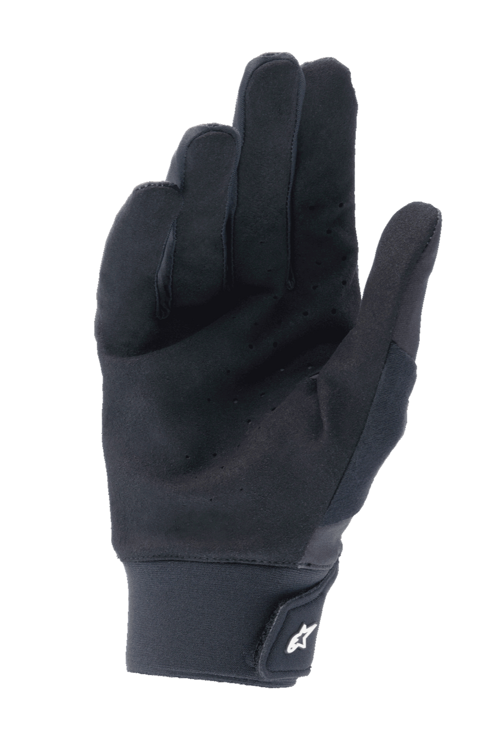 Alpinestars A-Supra Gloves, Black, palm view featuring perforated synthetic suede for ventilation, neoprene cuff with hook and loop closure and white logo, performance mountain biking gear