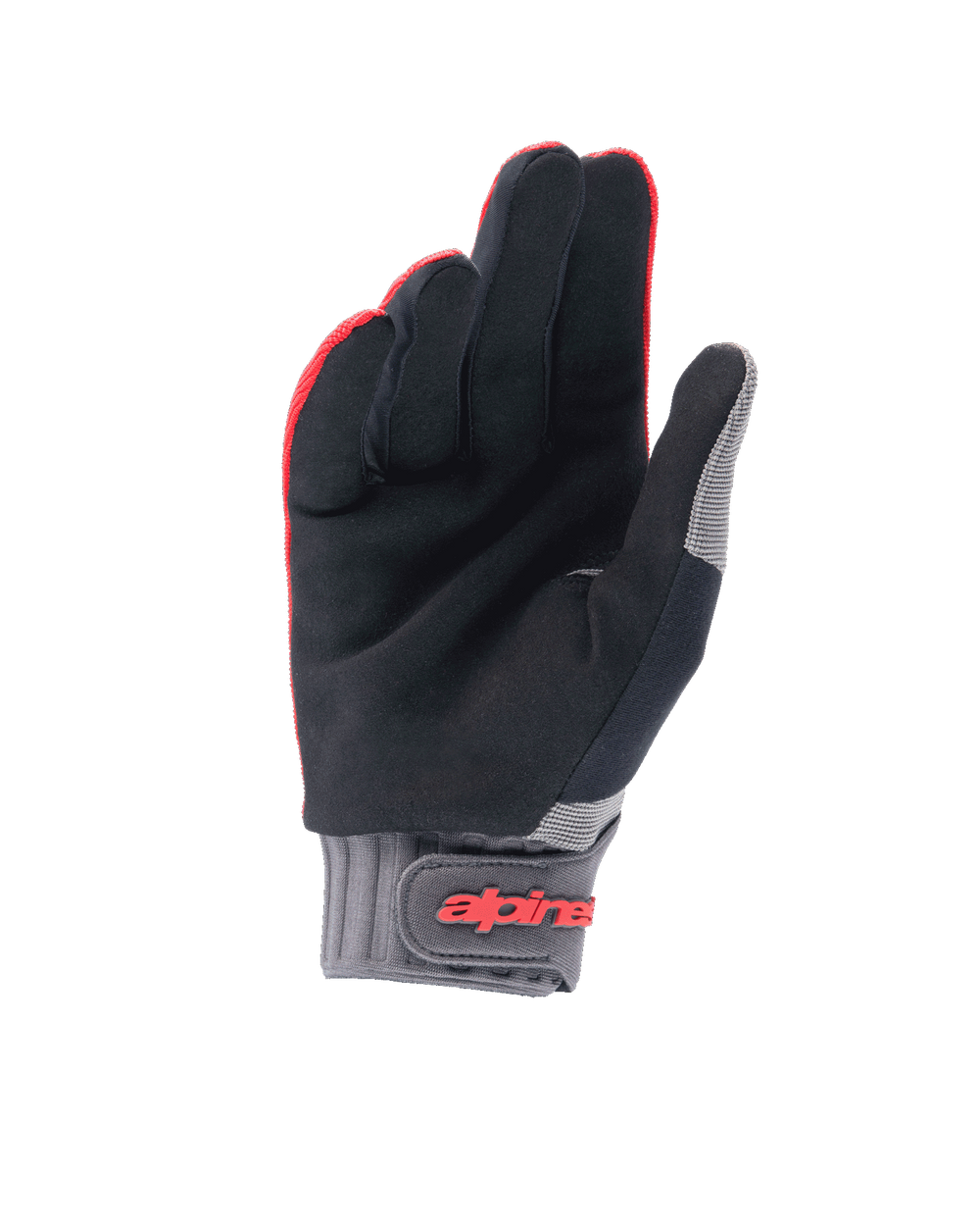Alpinestars A-Dura Gloves, Mountain Bike Gloves, Red Fluo and Black, palm view featuring synthetic suede for grip, grey neoprene cuff with hook-and-loop closure and red branding, off-road cycling gear