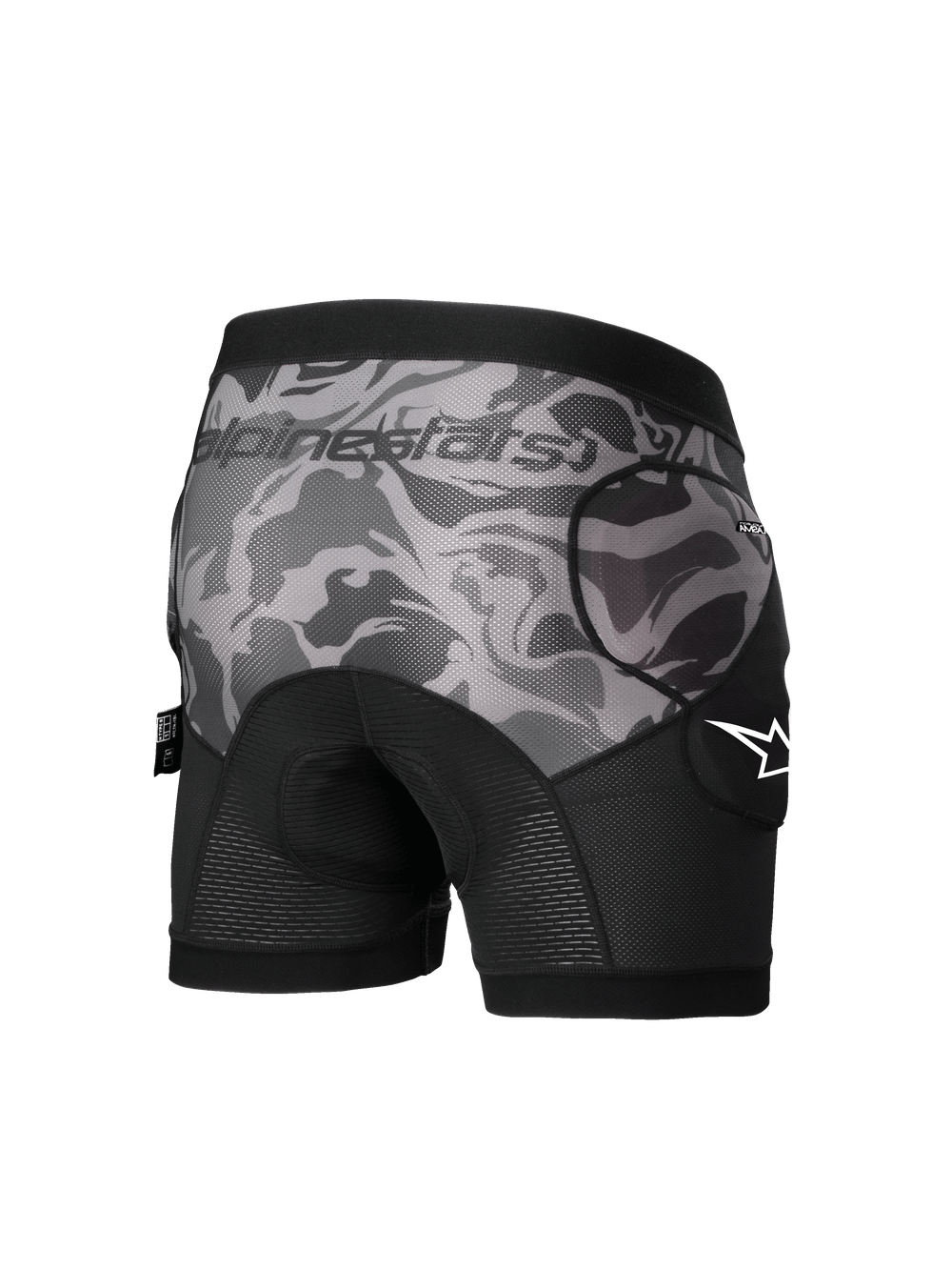 Alpinestars A-Motion Plasma Protection Boxers, Men's MTB Protection Shorts, Black Camo, CE Level 1 hip protectors, rear view