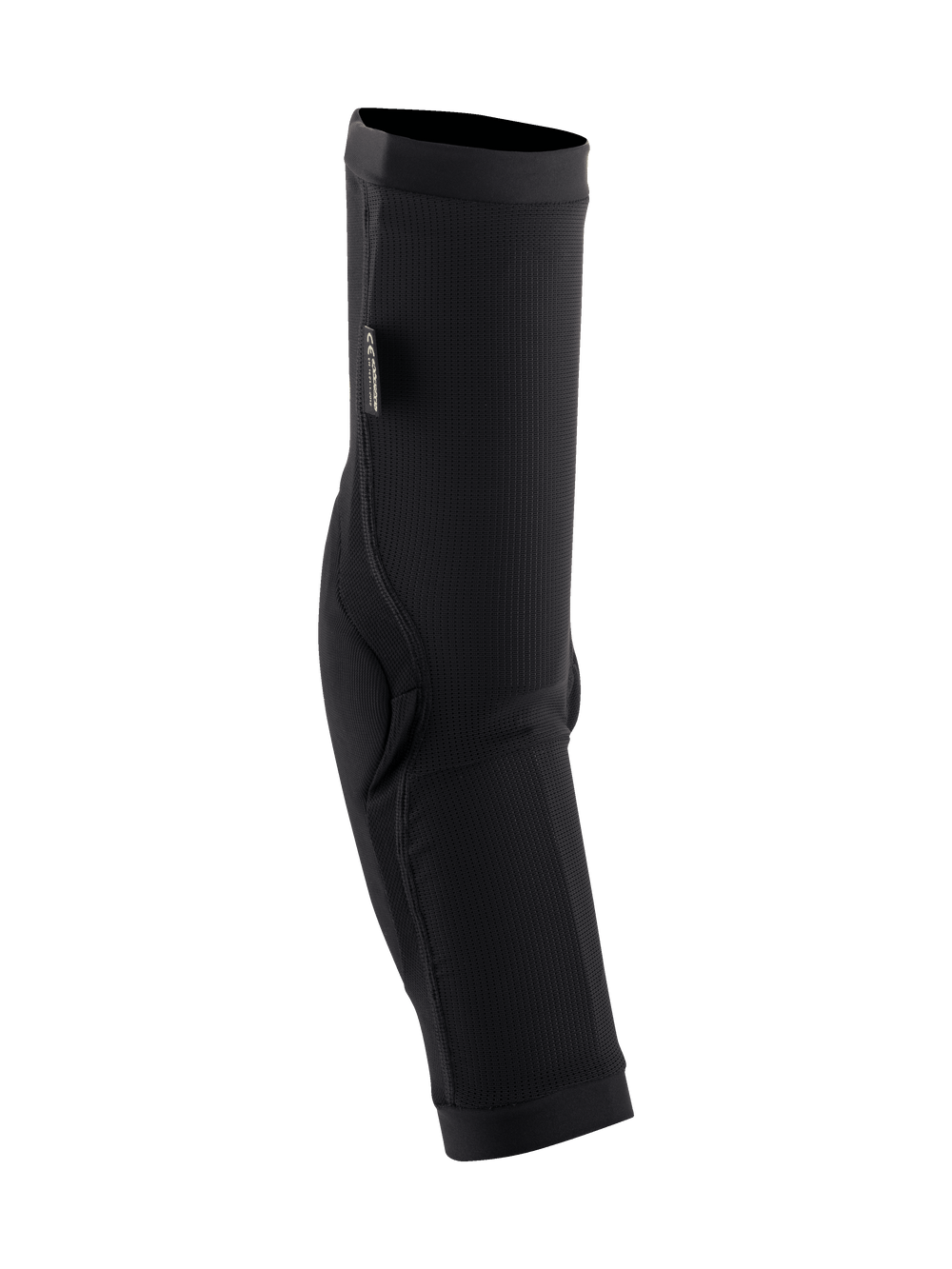 Alpinestars Paragon Plus Elbow Protectors, MTB Elbow Guards, Black, slip-on sleeve design featuring breathable mesh and reinforced elbow padding, CE certification tag, streamlined protective gear for mountain biking
