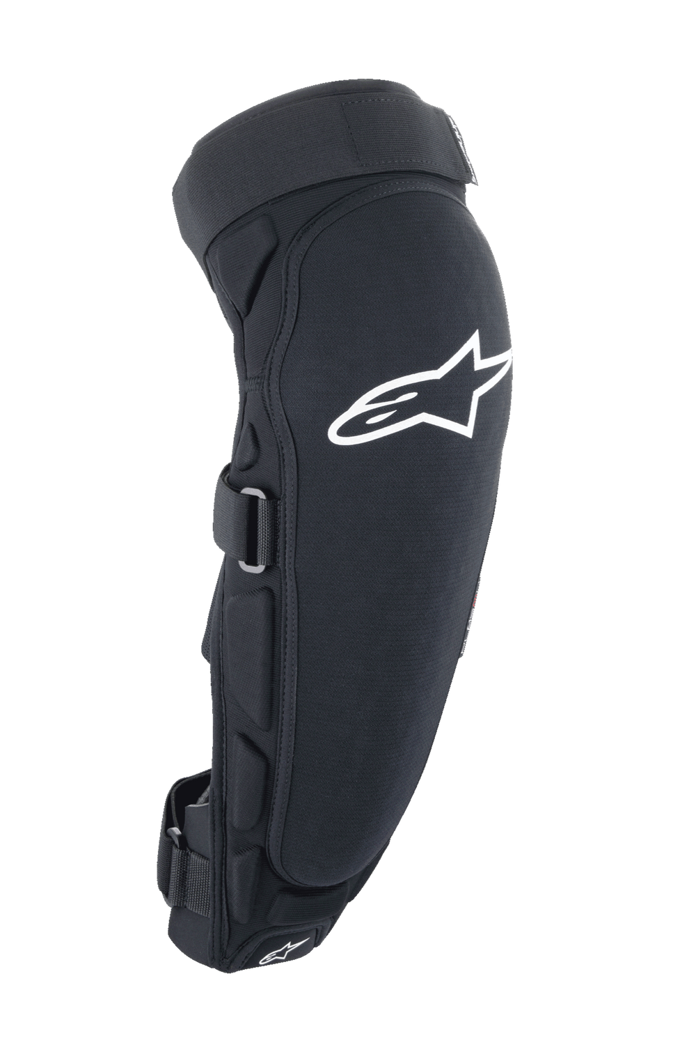 Alpinestars A-Impact Plasma Pro Knee Shin Protector, Black and White, side view featuring large white Astar logo, lateral padding, and secure strap closure system, off-road cycling protection