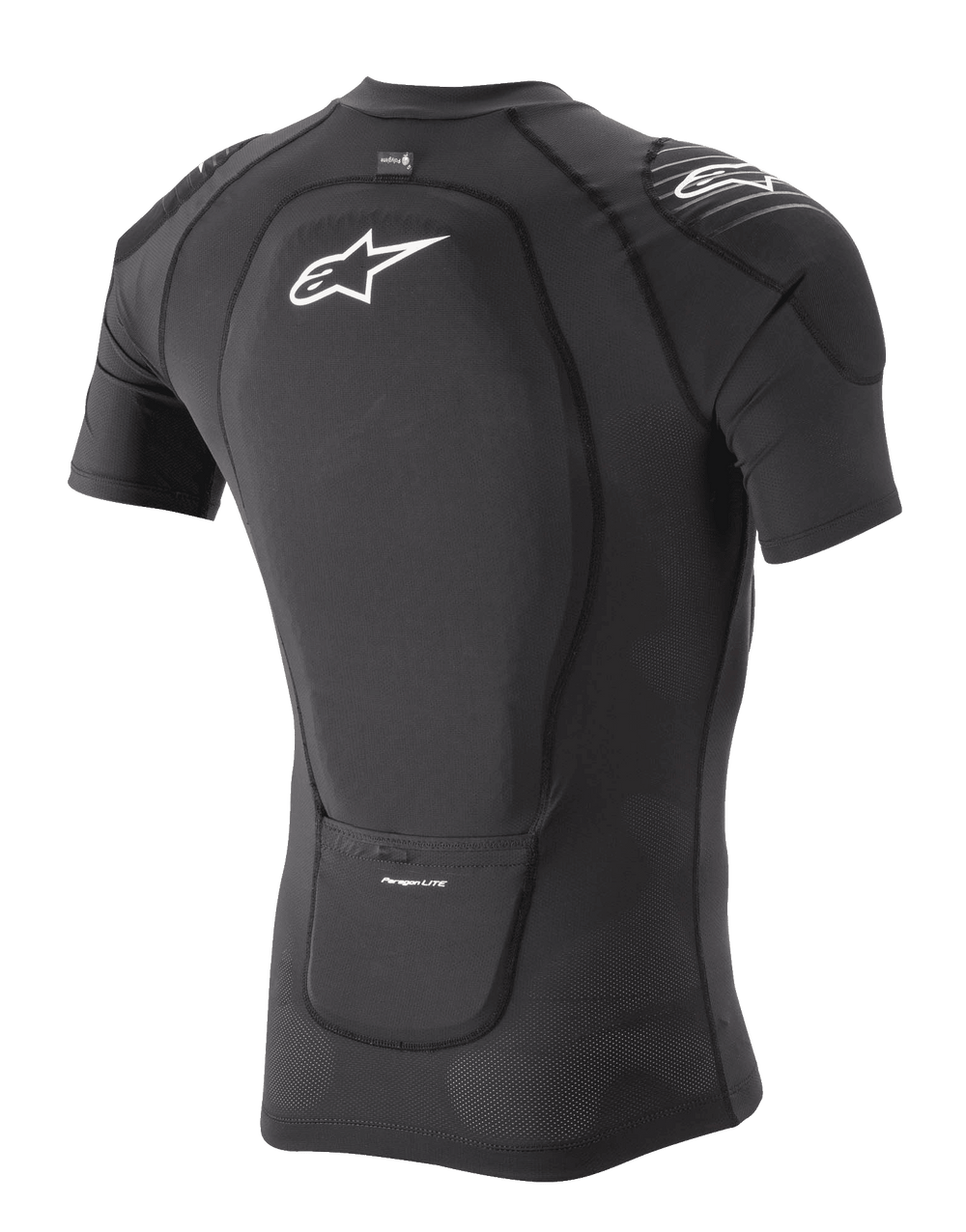 Alpinestars Paragon Lite Protection Jacket - Short Sleeve, Black, rear three-quarter view showing integrated back protector and breathable stretch mesh construction, featuring white Alpinestars logo on the back and shoulder, lightweight mountain bike protection gear
