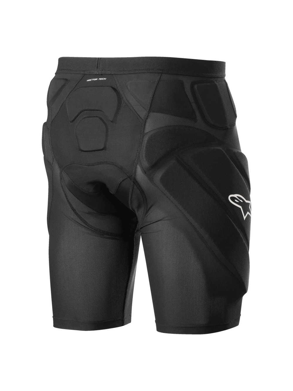 Alpinestars Vector Tech Shorts, Black cycling protection shorts, featuring integrated EVA memory foam padding on the hips and back, breathable stretch mesh construction with a white Alpinestars logo on the side.