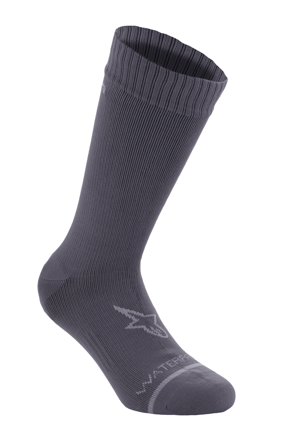 Alpinestars A-Dura Waterproof Socks, Dark Titanium Gray, mid-calf cycling socks with ribbed texture, featuring a light gray Alpinestars star logo on the ankle and 