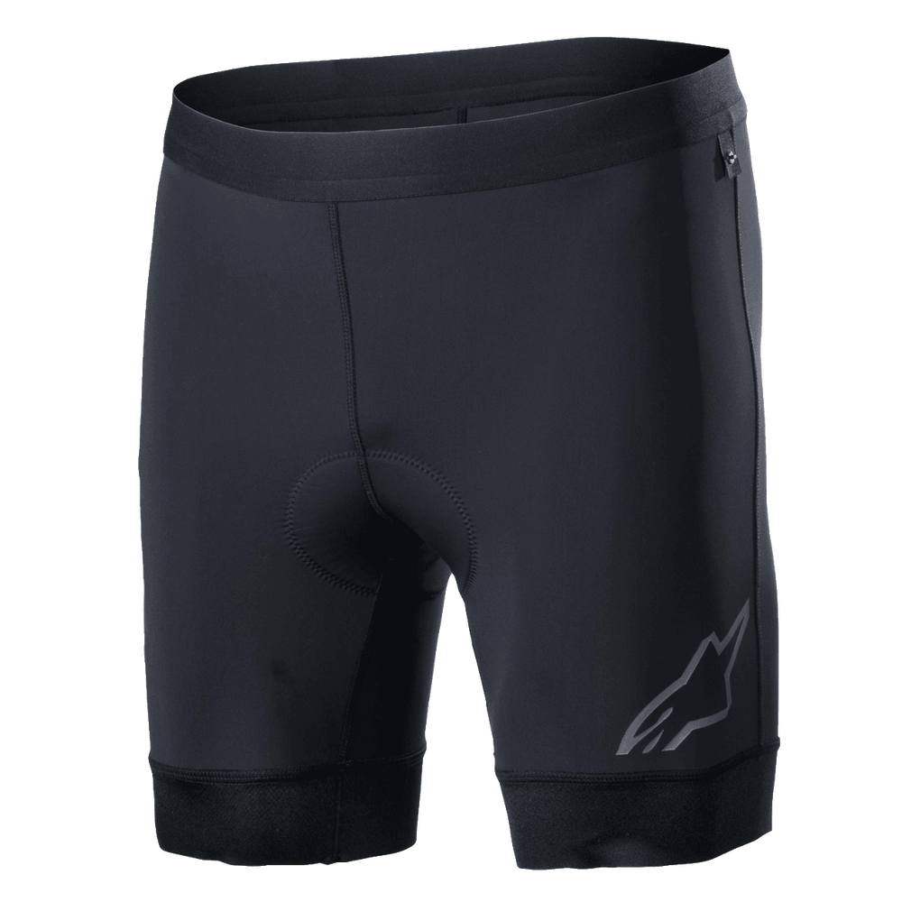 Alpinestars Alps Inner Shorts, Black cycling liner shorts with integrated padded seat area, elastic waistband, reflective Astars logo on the lower left leg, stretchy synthetic fabric for performance and moisture-wicking comfort
