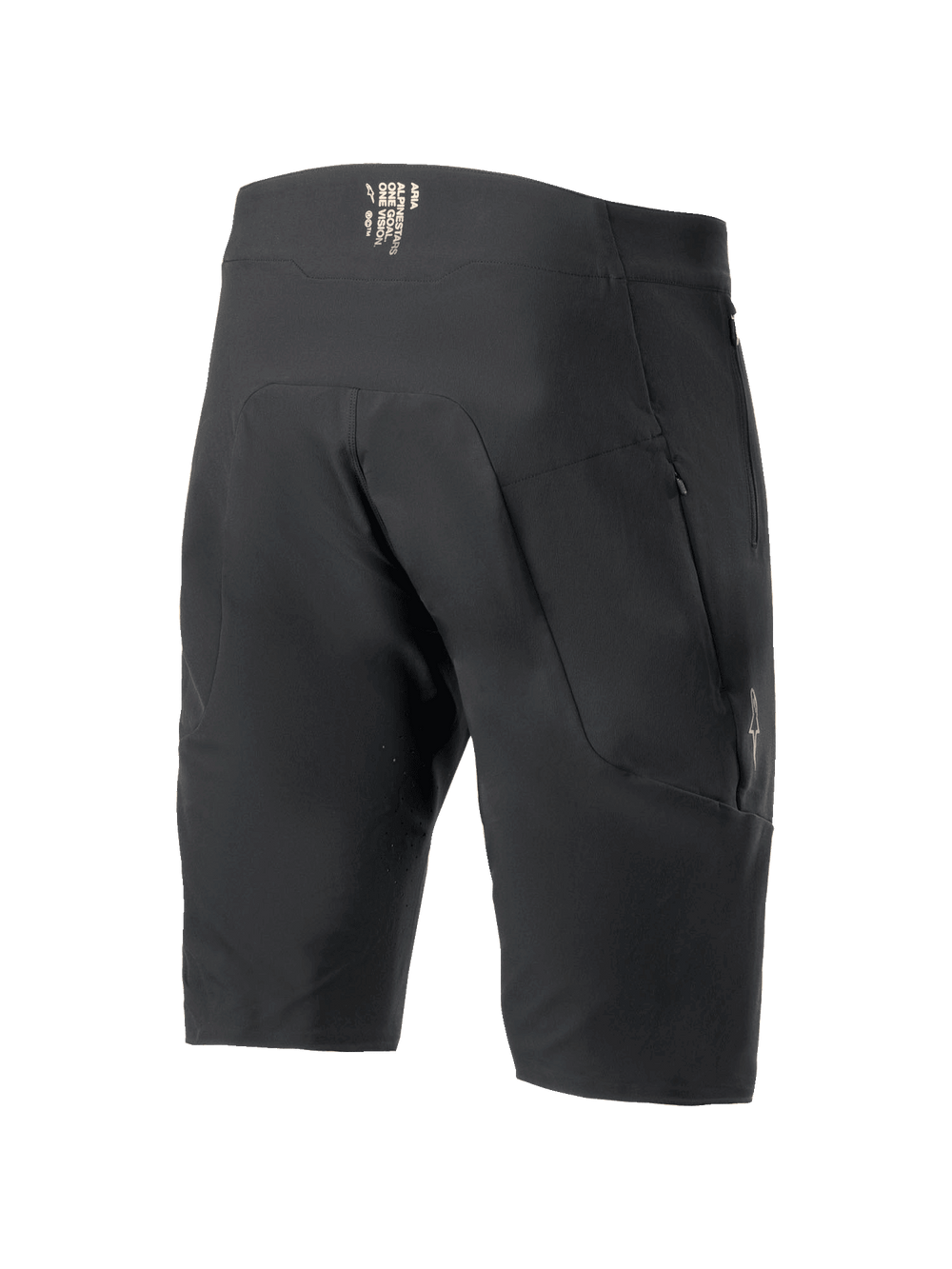 Alpinestars A-Aria Elite Shorts, Mountain Bike Shorts, Black, rear view showing zippered pockets and branding on the waistband, technical performance fit for off-road cycling.