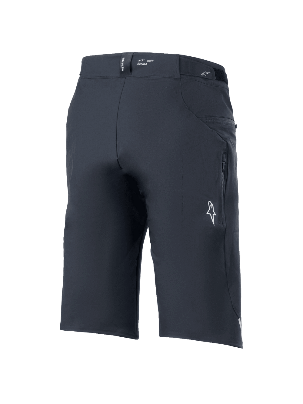 Alpinestars A-Dura Elite Shorts, Mountain Bike Shorts, Black, rear three-quarter view featuring zippered side pocket, white Astars logo, and 