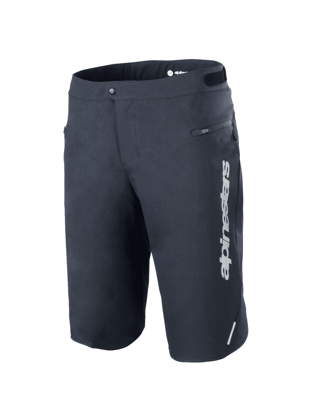 Alpinestars A-Dura Elite Shorts, Mountain Bike Shorts, Black, featuring a vertical white Alpinestars logo on the left leg, zippered side pocket, snap front closure with hook-and-loop waist adjusters, reflective accent, durable 4-way stretch Cordura fabric for off-road cycling