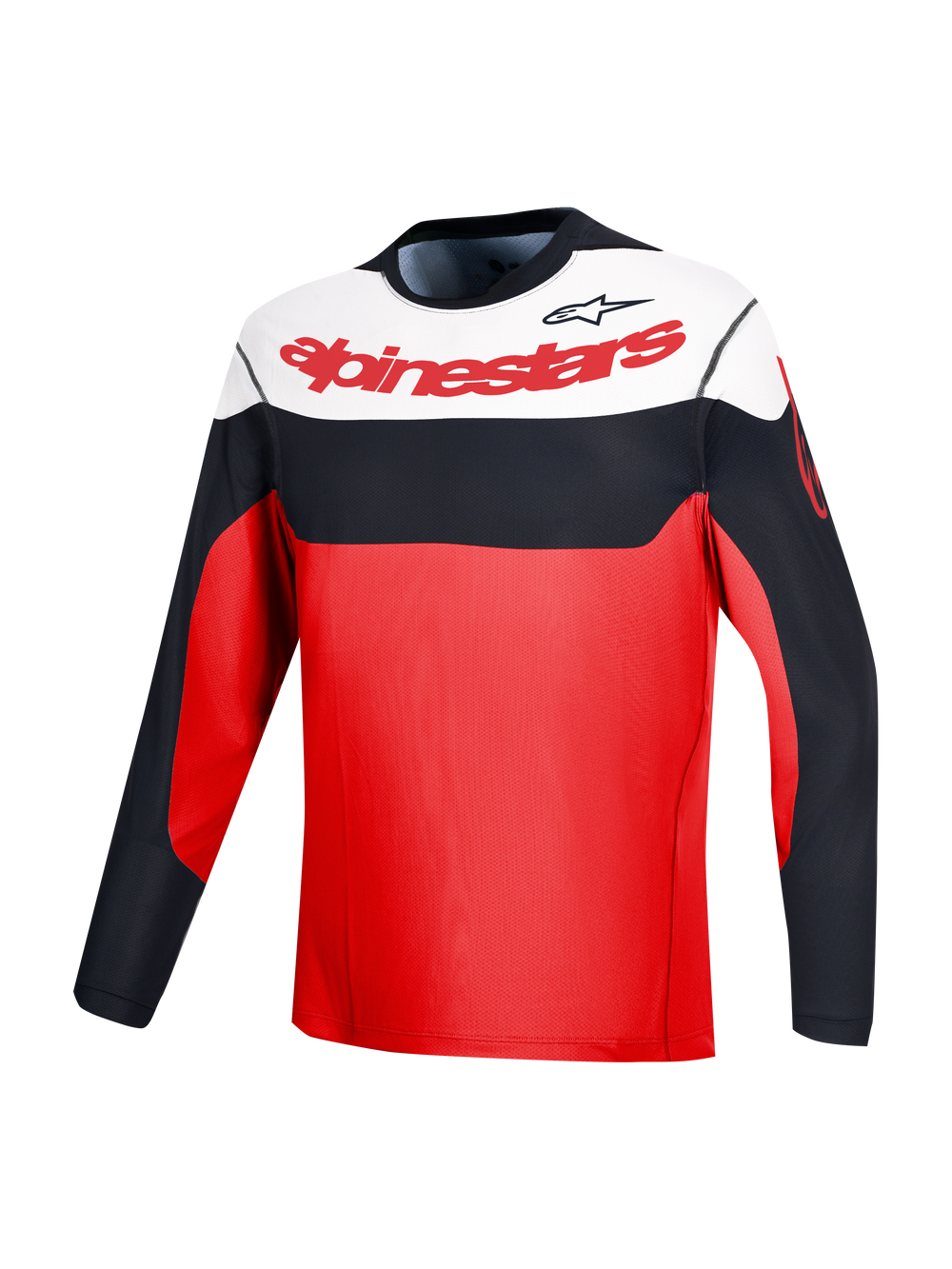 Red A-Dura Race Long Sleeve Jersey with Alpinestars branding and black and white color-blocking for MTB performance.