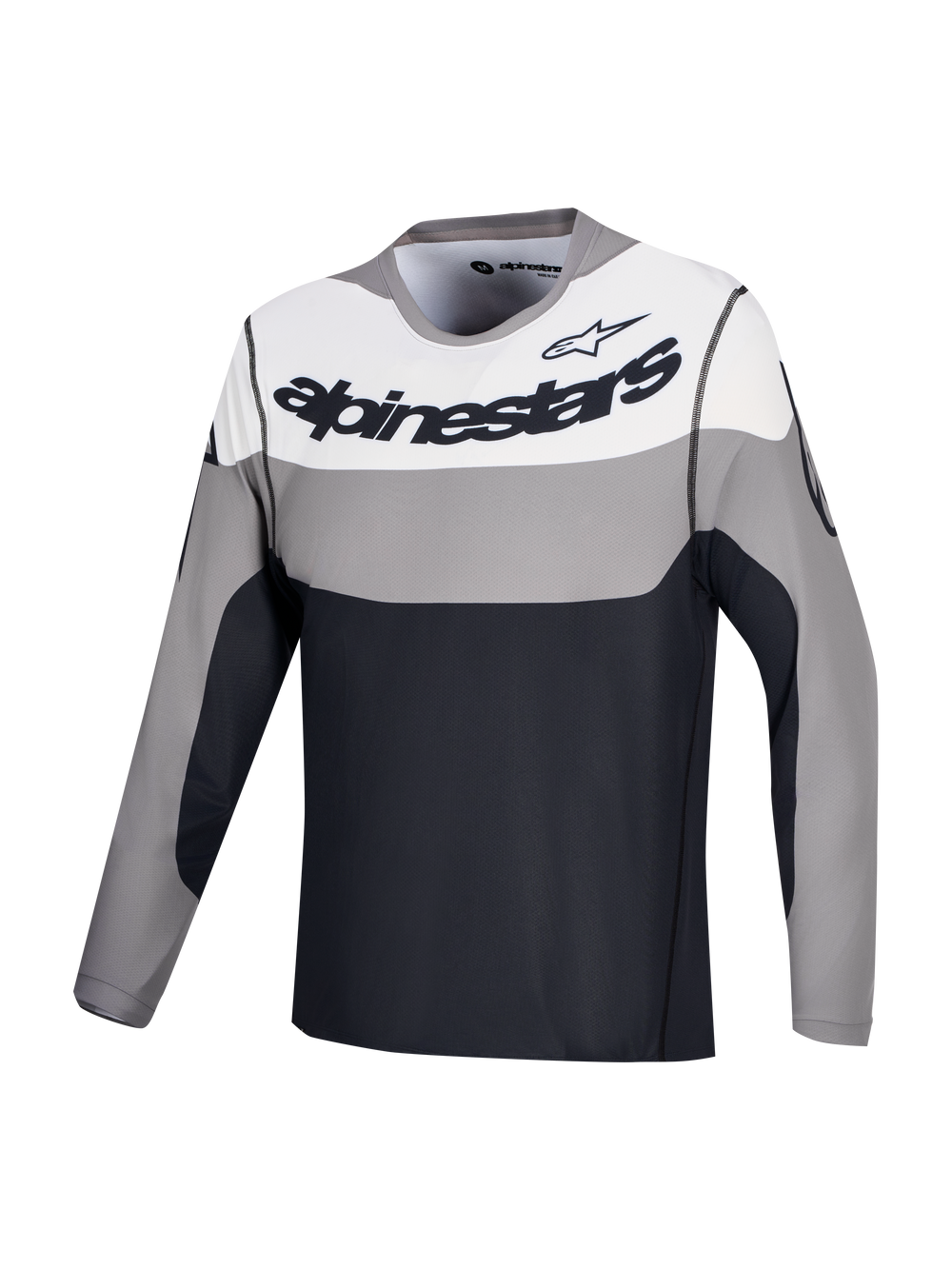 Alpinestars A-Dura Race Jersey, Long Sleeve MTB Cycling Jersey, Gray, White and Black with chest logo graphics, lightweight recycled stretch fabric