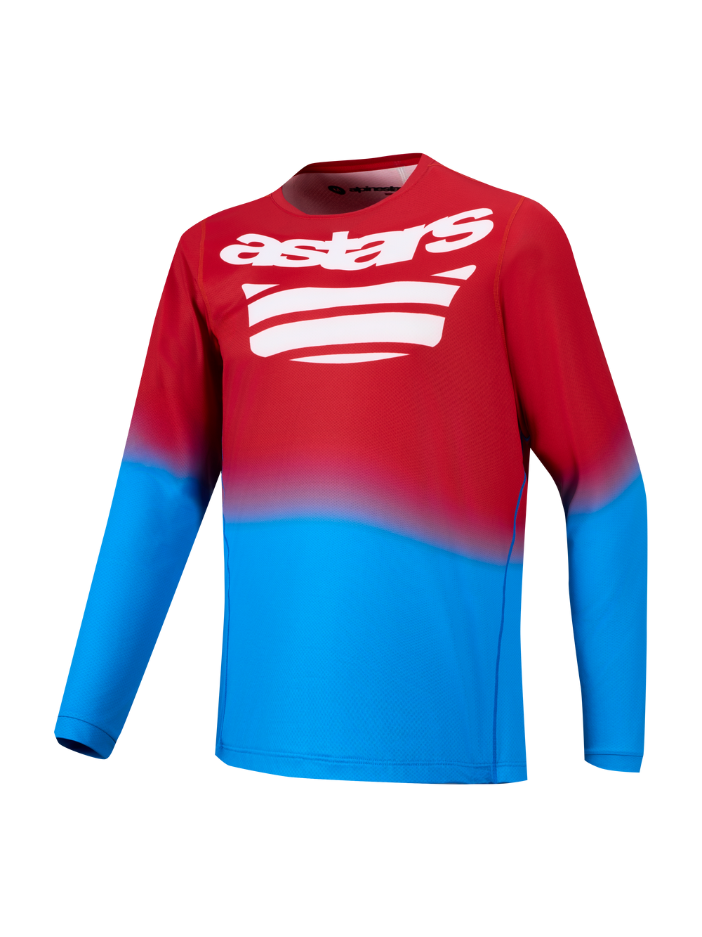 Bright red and blue A-Dura ASTARS 2.0 long sleeve MTB jersey featuring a white graphic logo on the chest.