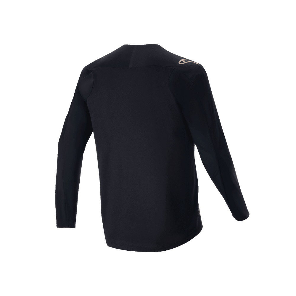 Alpinestars A-Aria Polartec Switch Long Sleeve Jersey, Black, rear view of mountain bike jersey, featuring a small tan logo on the shoulder and drop tail hem, technical moisture-wicking fabric for off-road cycling