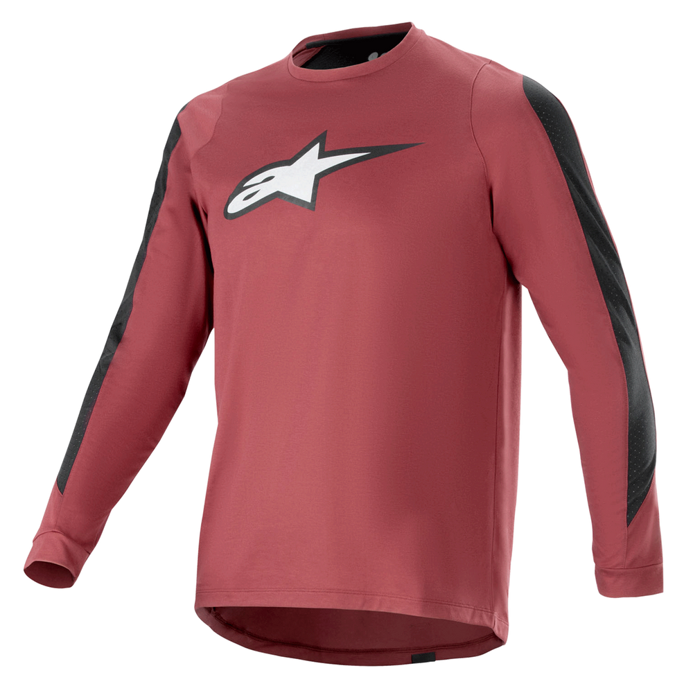 Alpinestars A-Dura Dri Astar Long Sleeve Jersey, Burgundy and Black, moisture-wicking drirelease fabric, crew neck, white Astar logo on chest, black mesh panels on sleeves, performance mountain bike apparel