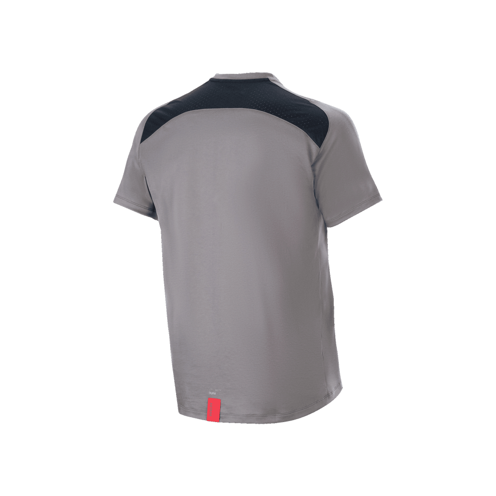 Alpinestars A-Dura Dri Astar Jersey, Short Sleeve Mountain Bike Jersey, Dark Gray, back view featuring black mesh ventilation panels across the shoulders and a small red tag at the hem, technical cycling gear