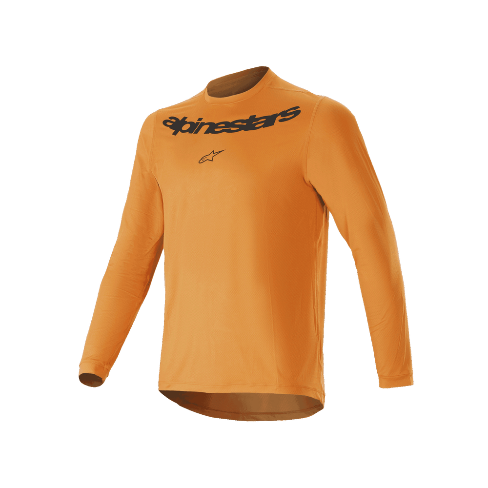 Alpinestars A-Dura Rocker Long Sleeve Jersey, Mountain Bike Jersey, Dark Gold, featuring black Alpinestars wordmark screen print on chest, lightweight jacquard fabric with drop tail, performance cycling activewear