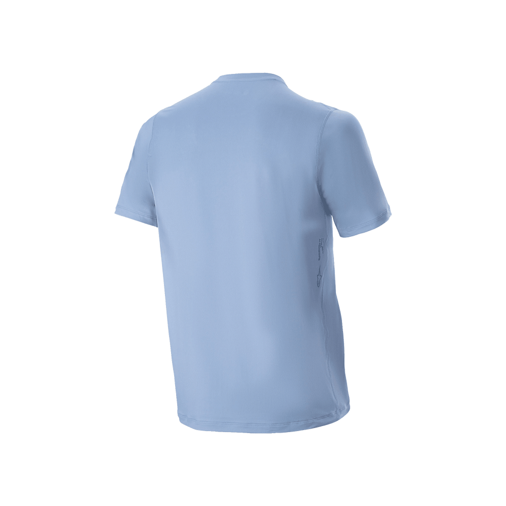 Alpinestars A-Dura Astar Men's Short Sleeve MTB Jersey in Infinity Blue, back view with jacquard fabric and drop tail.