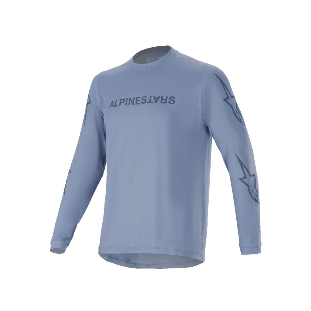 Alpinestars A-Dura Switch Long Sleeve Jersey, Infinity Blue, light blue mountain bike jersey with dark blue screen-printed logo on chest and star logos on sleeves, lightweight performance fabric for trail riding