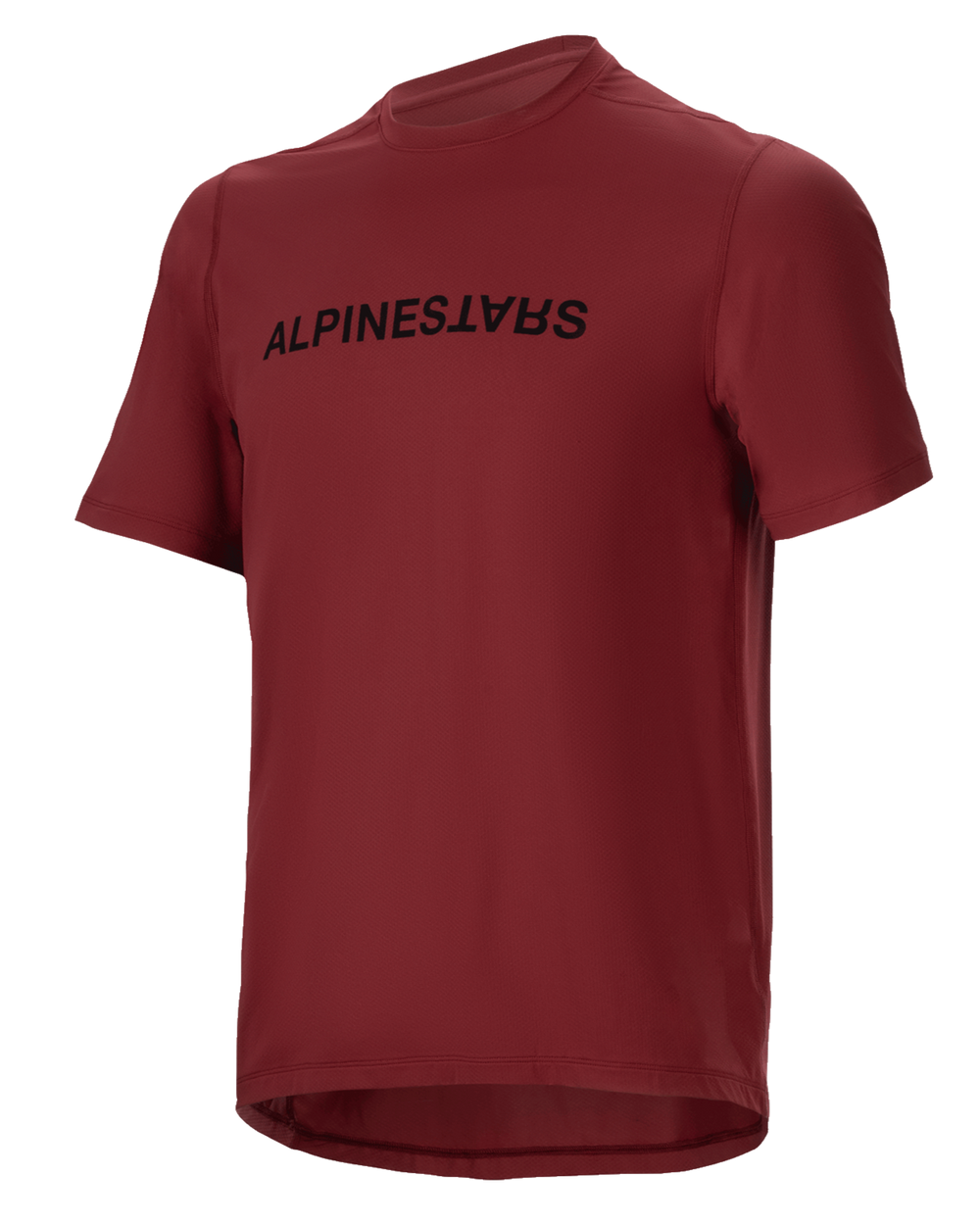 Alpinestars A-Dura Switch Jersey, Short Sleeve MTB Jersey, Burgundy, Black wordmark logo on chest, lightweight moisture-wicking fabric, round neck and drop tail, designed for off-road cycling