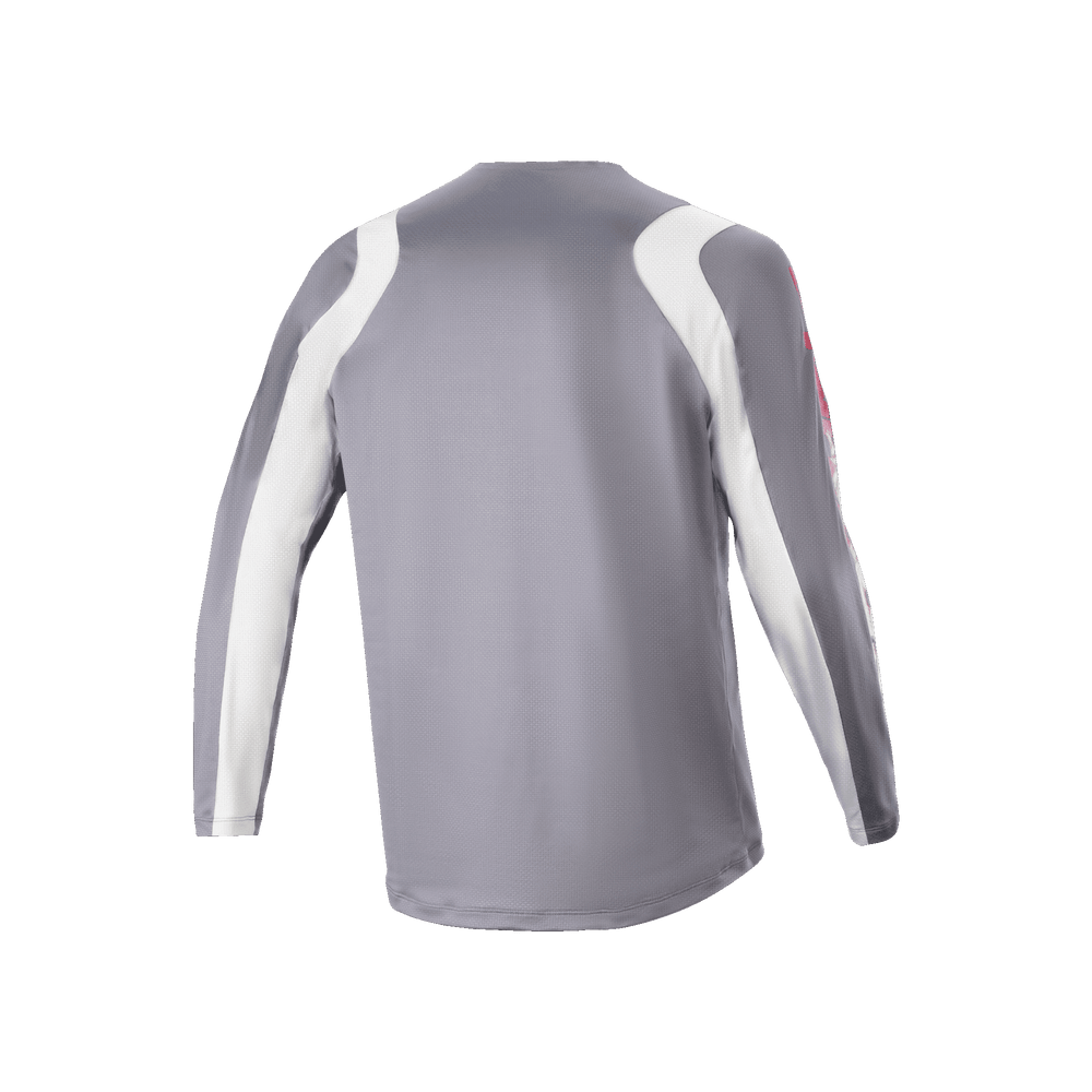 Alpinestars A-Supra Astar Long Sleeve Jersey, Dark Gray and White, back view showing ventilated mesh texture and longer drop tail, performance cycling gear for MTB