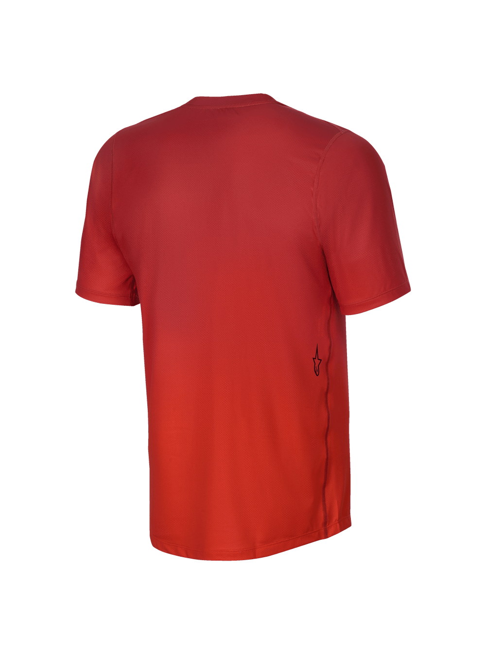 Alpinestars Youth A-Dura Rise Short Sleeve Jersey, Back View, Spicy Orange, featuring a jacquard fabric texture, a small black Astars logo on the lower side, and a dropped tail hem for mountain biking coverage.