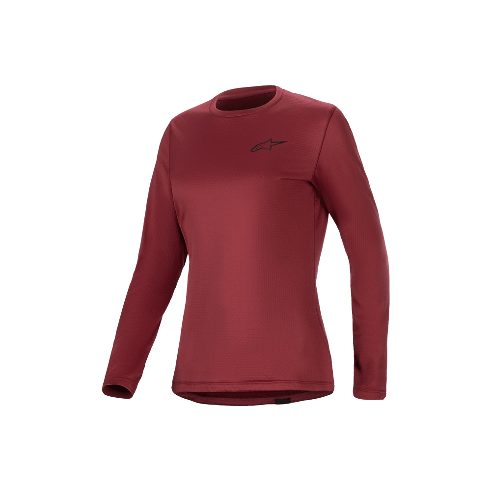 Alpinestars Stella A-Dura Thermal Jersey, women's long-sleeve mountain bike jersey in burgundy, insulated fleece-lined performance cycling top with extended drop tail