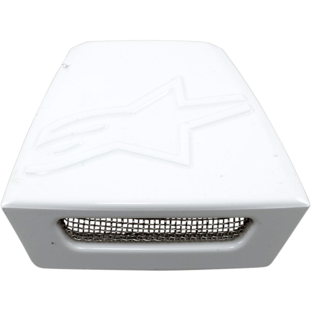 Alpinestars Supertech M10/M8 Helmet Rear Vent Frame, Glossy White replacement part, embossed Astar logo on top, rectangular opening with metal mesh grille, motocross helmet accessory